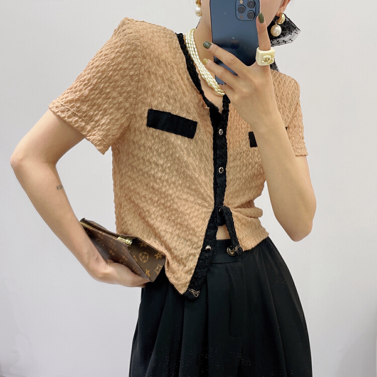 [Xi Xi] Korean short sleeved shirt with contrast color edge 6138# ozq