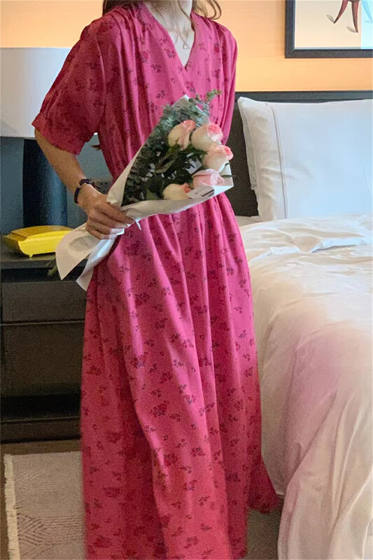 goods in stock! New in early summer! [timely rain] Vintage V-neck floral waist length dress 25545# WPL