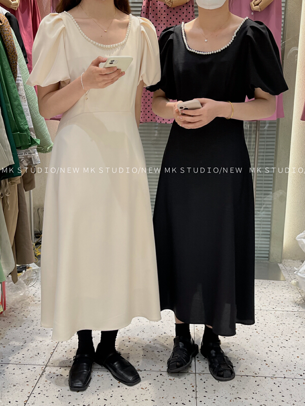 goods in stock! [MK] French bubble sleeve pearl dress 3159# hjy
