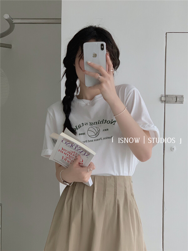 New in early summer! [I snow] simple casual letter round neck Pullover short sleeve T-shirt 222255# WPL