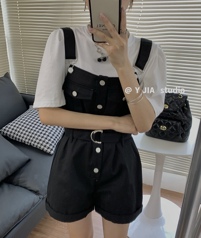 [y.jia Yijia] simple short sleeved T-shirt + design feeling loose suspender Pants Set (with belt) ys2-5620# PCZ