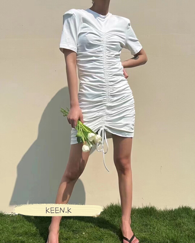 [keen k] shoulder pad design drawstring pleated Tencel dress l44# WTT