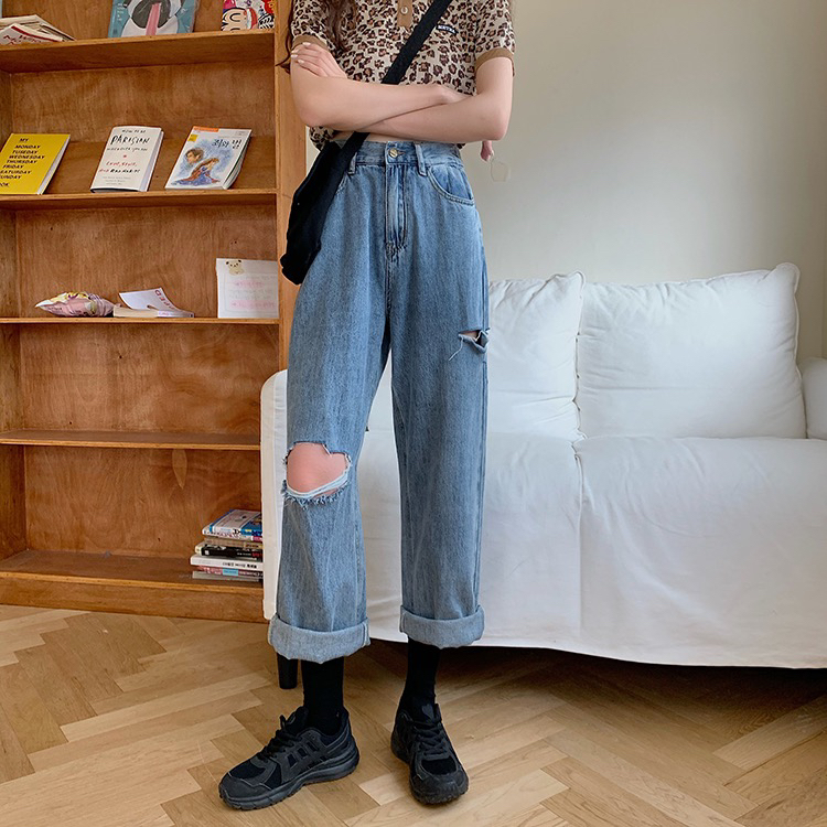 goods in stock! New year in early spring! [timely rain] Han Feng ins Vintage Blue loose slim High Waist Wide Leg Jeans b2775# jhy