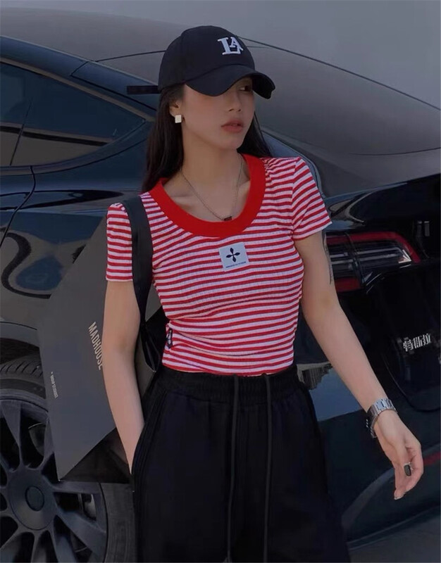 [tab CP] simple and versatile stripe sticker short sleeve T-shirt 8095# CSX