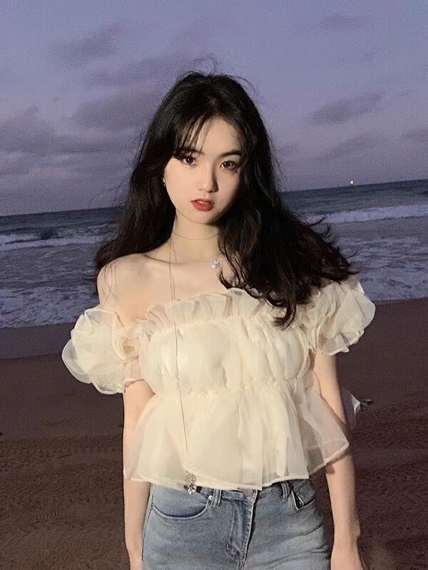 New in early summer! [by] sweet square neck bubble sleeve short sleeve one shoulder shirt 7697-1# HBx