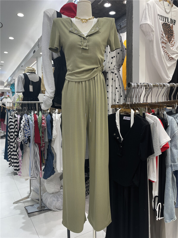 [show] Polo neck solid T-shirt + elastic waist casual pants set 88327# ozq
