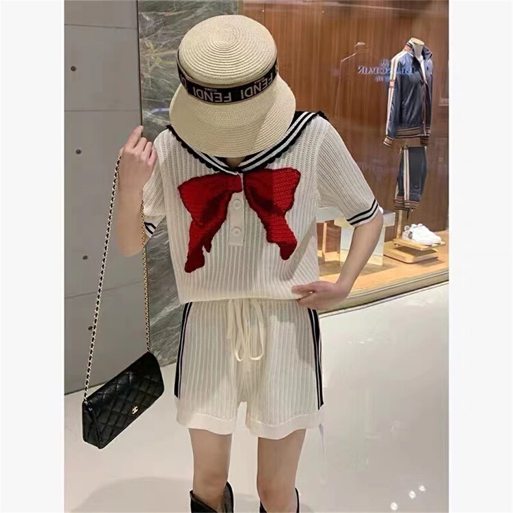 [big C studio] college style bow decorative blouse + loose and versatile casual Shorts Set 9888# PCZ