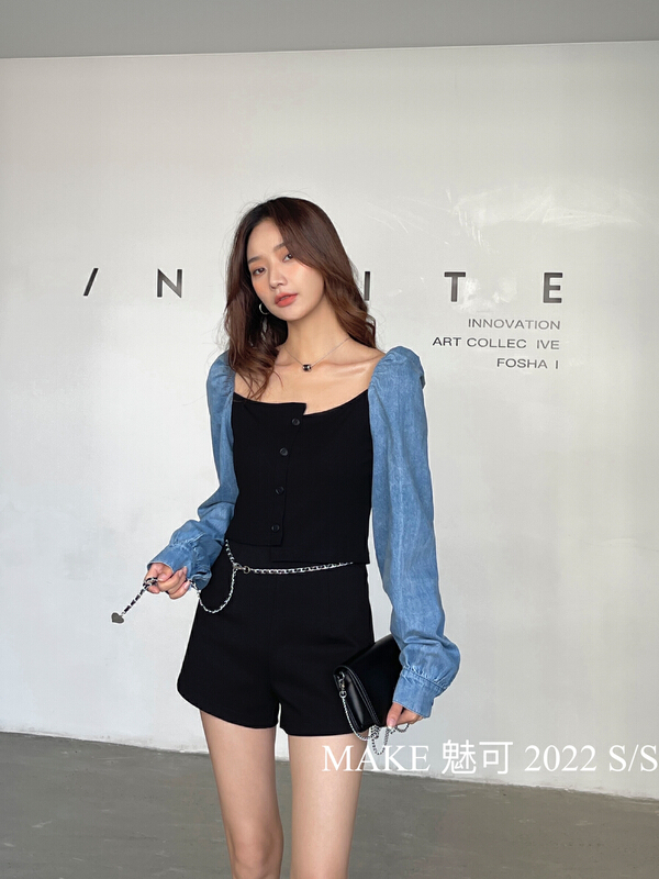 goods in stock! New year in early spring! [make Meike] sweet cool denim sleeve stitched neckline with irregular hem small shirt 8460# XJ