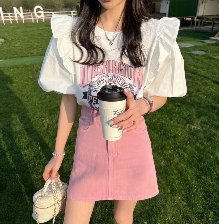 [Susan] bubble sleeve letter printing fashion short sleeve T-shirt 18155# LSW