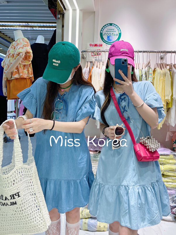【MISS KOREA】韓版系帶荷葉邊牛仔連衣裙  8596#  HBX