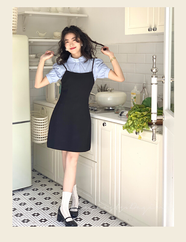 New in early summer! [L.L studio] Vintage bubble sleeve shirt + black suspender dress set 7567# PCZ