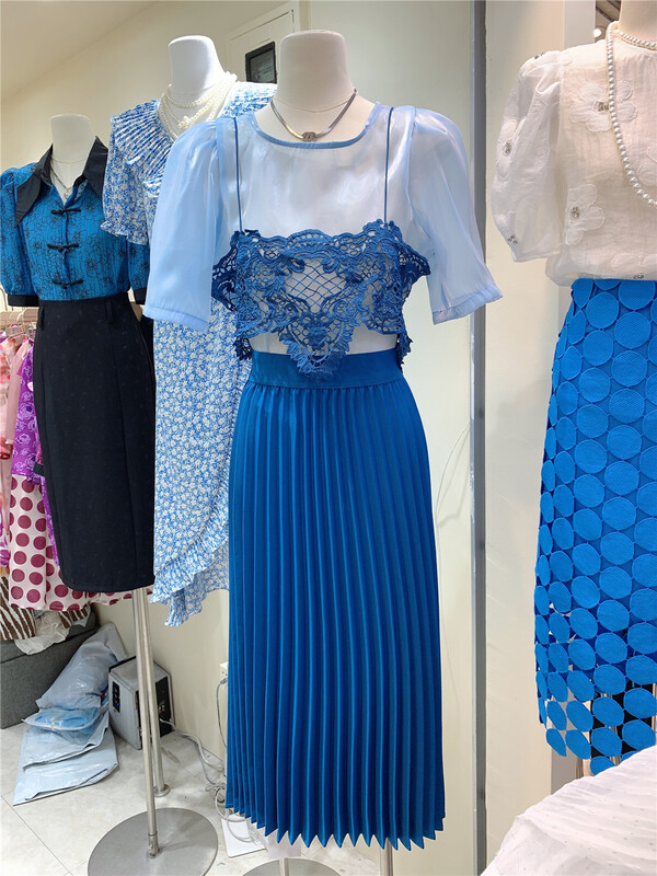 [macaroon] French fake two piece lace stitched short sleeved blouse 7767# PCZ