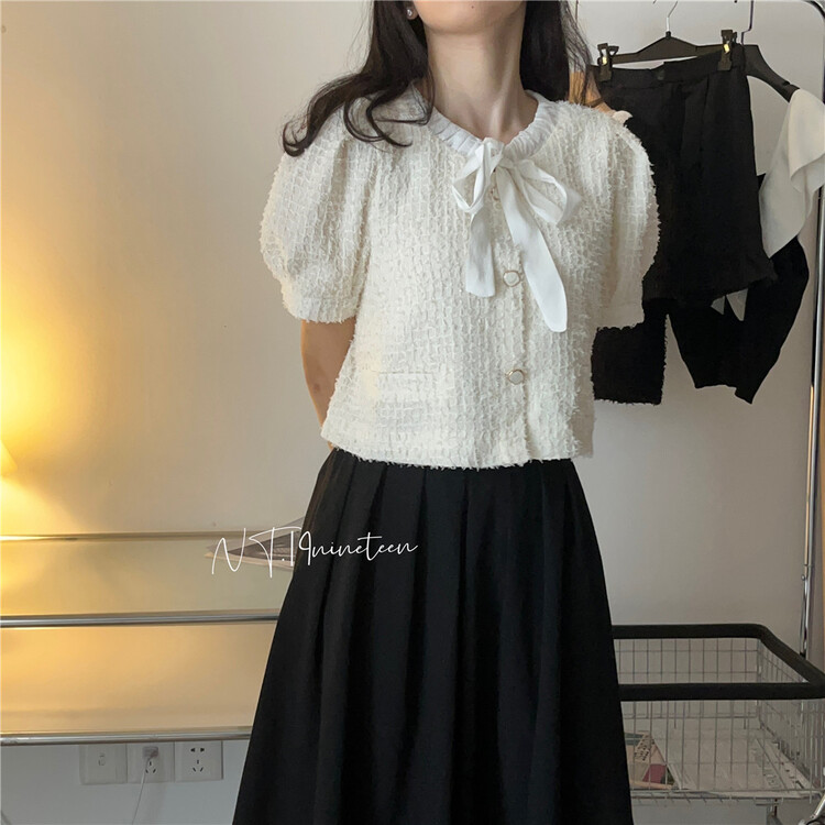 [19. Nineteen] round neck contrast short lace up chiffon blouse ys1-327# ll