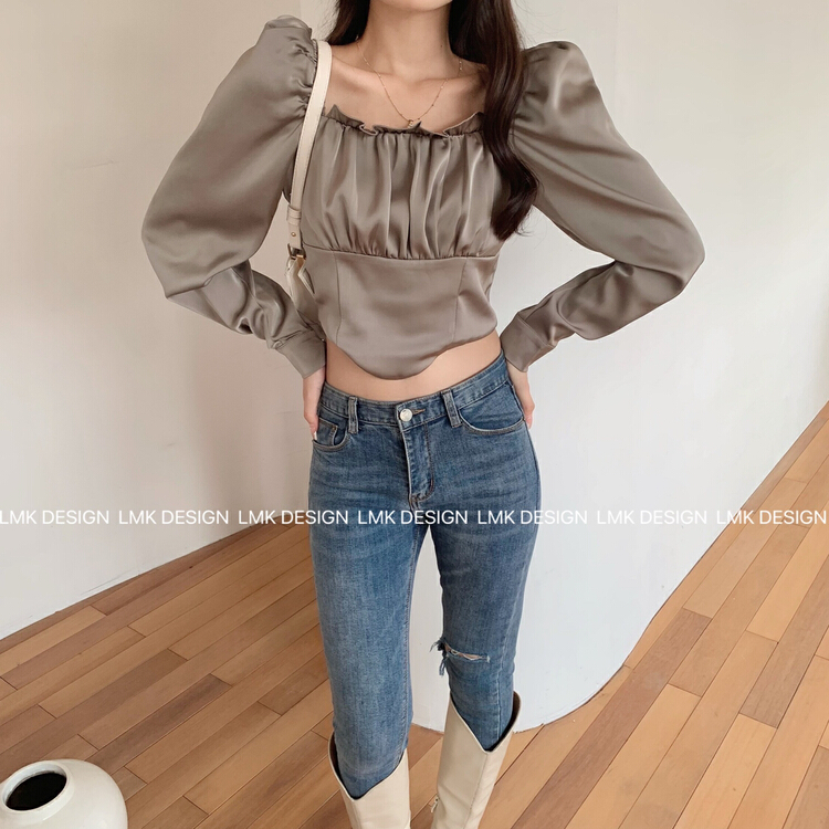 [LMK] square neckline Satin short shirt 2163# hjy
