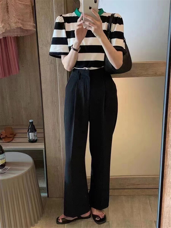 goods in stock! New in early summer! [Susan] contrast stripe loose Vintage short sleeve T-shirt 18001# LSW