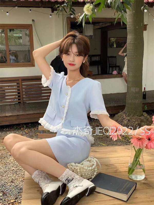 [Jieqi] Korean sweet fungus border blouse + A-line skirt suit 8567# zxx