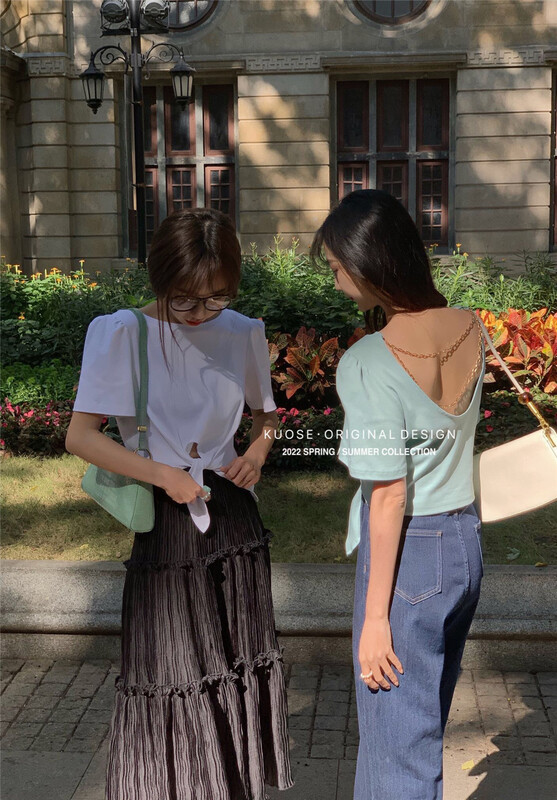 [kuose koser] Korean fashion short open back short sleeved T-shirt (with detachable chain) 89735# WPL
