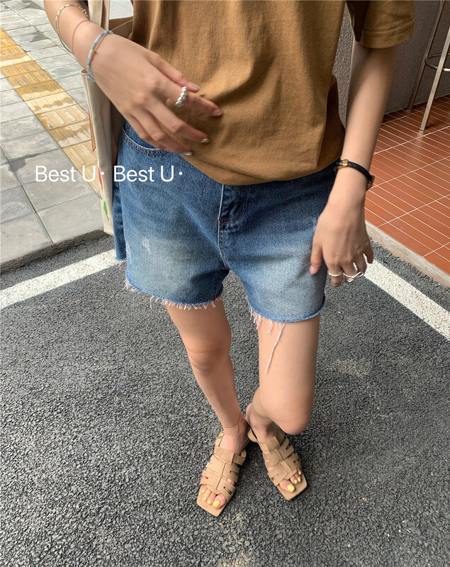 New in early summer! [best u] color blocking aging trend Vintage denim shorts 83252# LSW