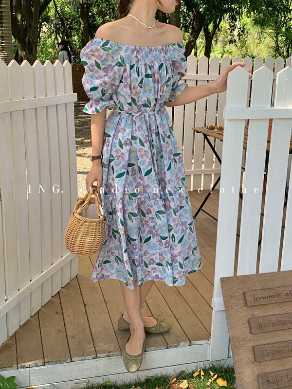 New in early summer! [ing] French retro square neck loose dress (with waist rope) 6137# HBx