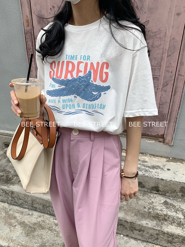New in early summer! [bee Street] letter print loose short sleeve T-shirt 9141# lwy