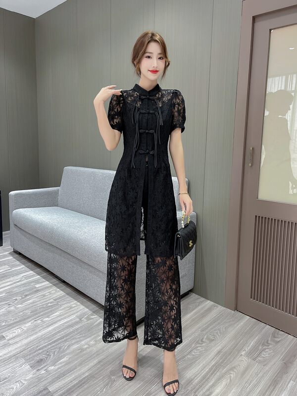[Si Xuan] temperament Chinese tassel coil buckle Lace Top + Lace casual pants two-piece suit 220330# JJ