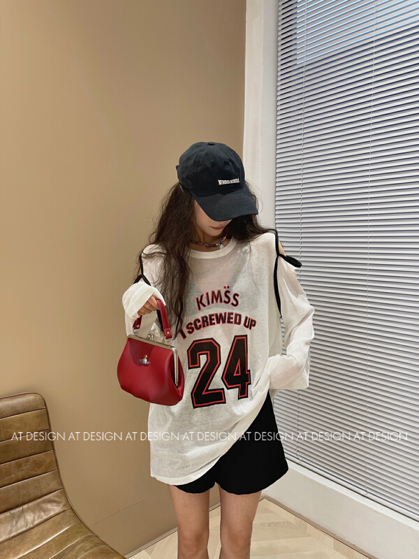 [at] contrast lettered printed off shoulder knit long sleeved sweater 3358# LSL