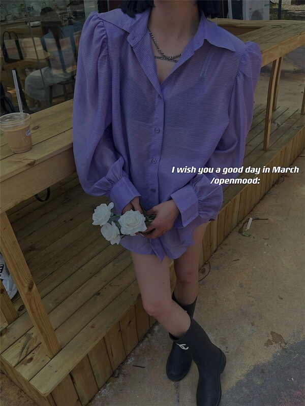[open] drawstring hollow out design bubble sleeve sunscreen shirt 3770# ozq