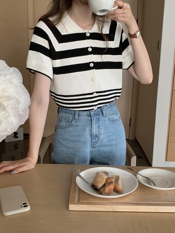 [T.G] Korean simple Striped Polo neck short sleeve sweater 17500# cqw