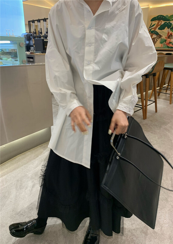 [YST] minimalist medium length solid round neck shirt f8006# XJ
