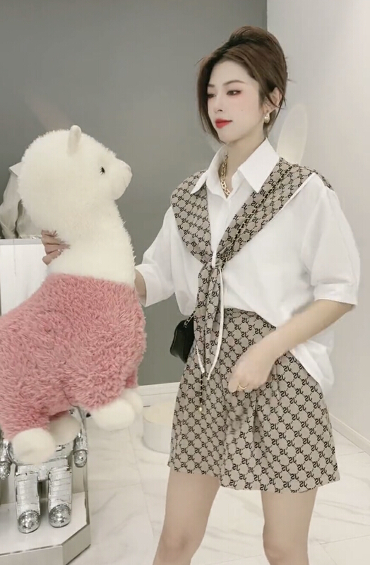 [JH] net red fake two shawl shirts ➕ Slim casual Shorts Set (suit only) 41678# PCZ