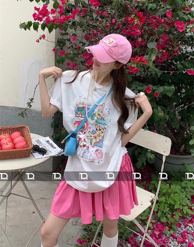 [tangdou original] heavy industry nail bead lace short sleeve T-shirt 9635# WTT