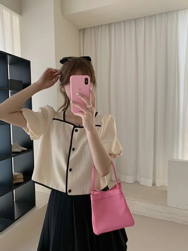 [Gu Wan] xiaoxiangfeng color stitched side collar button up blouse 5152-1# zxx
