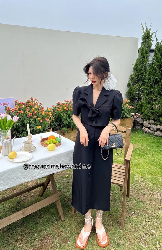 [how and me Cheng Xi] bow fashion short coat + high waist skirt suit (excluding necklace) 7081# LSL
