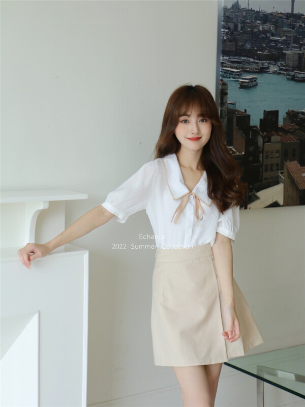 [Economy] short sleeved button up lace up shirt 60128# lwy