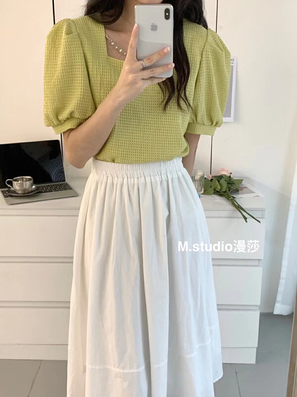 [MSTUDIO MANSA] square neck Style Bubble Sleeve Shirt (with pearl chain) 769# ll