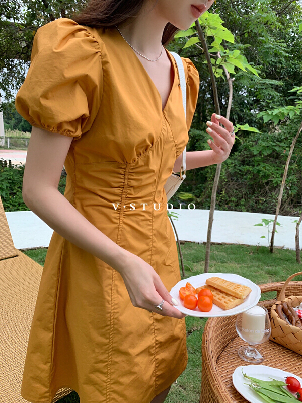 New in early summer! [from. V] simple Japanese versatile bubble sleeve dress 7853# L