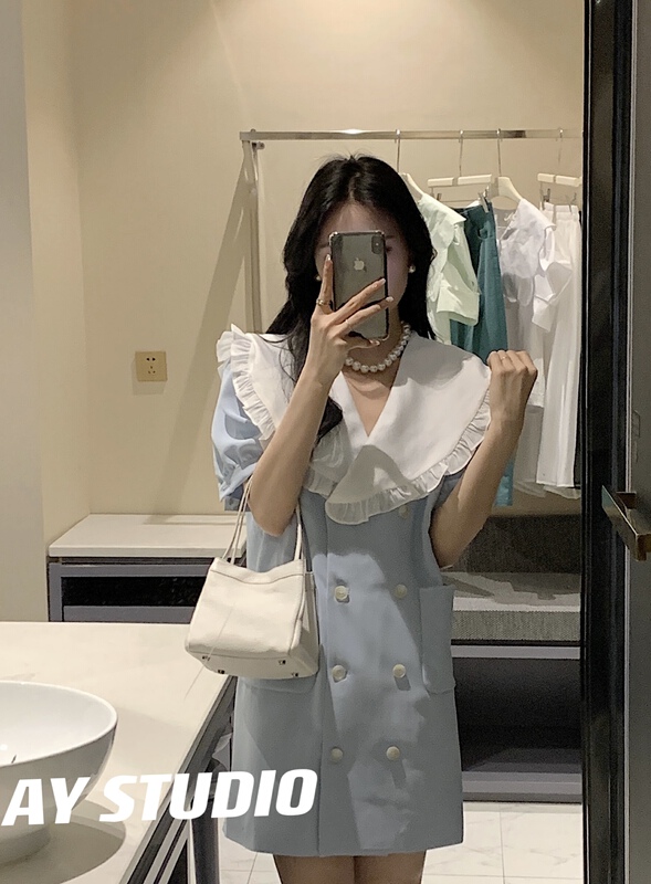 [ay studio] Korean version of lady's large lapel and ear edge double breasted dress 66770# zxx