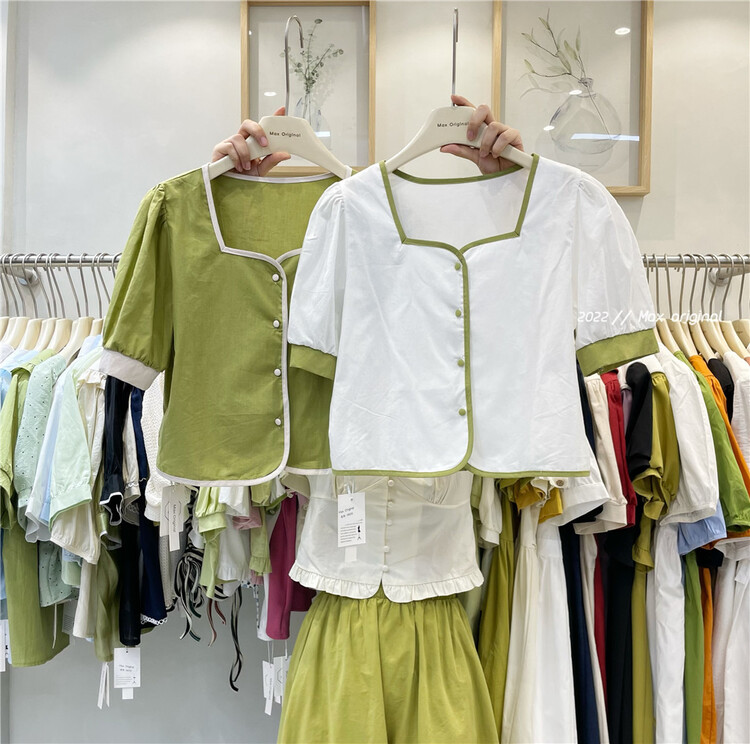 [Max original] square neck style contrast color single breasted shirt 98202# HBx