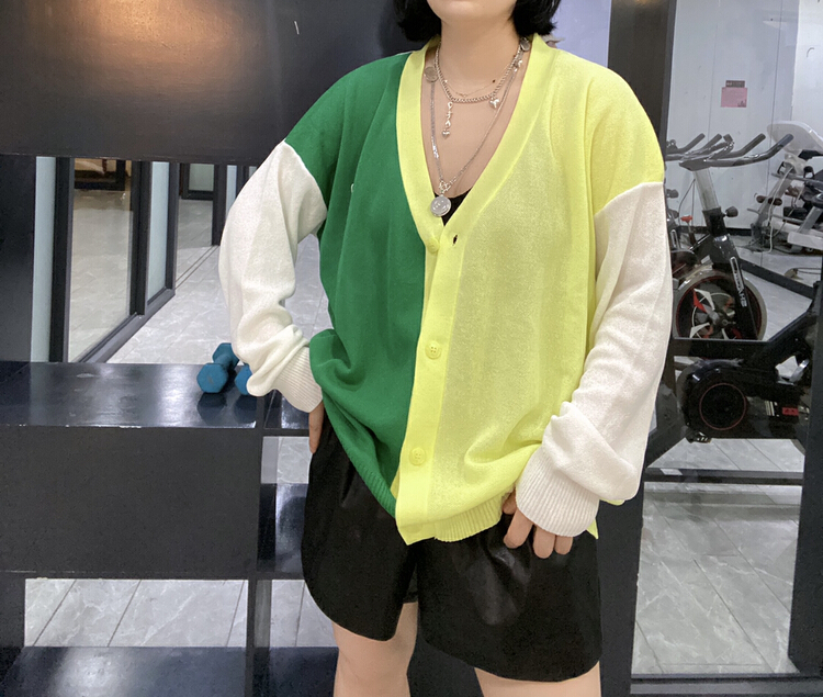 [Qijia +] Korean V-neck contrast color knitted cardigan 7336# zyh