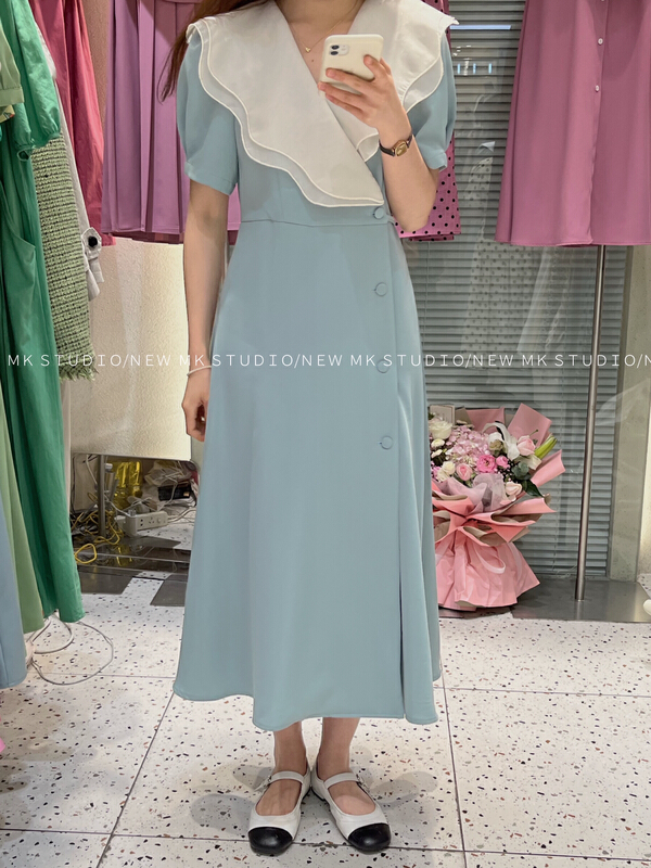 [Chen] one piece lotus leaf large neck waist contrast dress 3202# hjy