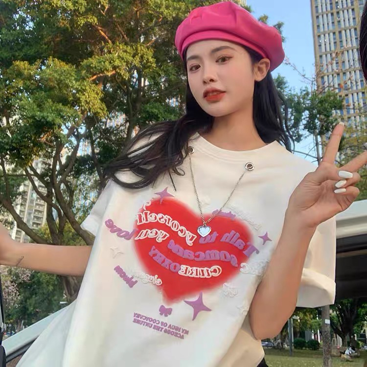 [Dake family] love necklace trend loose short sleeve T-shirt 1099# zjy