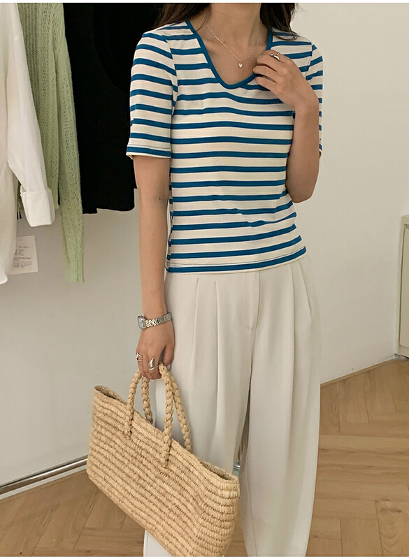 [the mind] V-neck stripe versatile short sleeve T-shirt 60320# XYJ