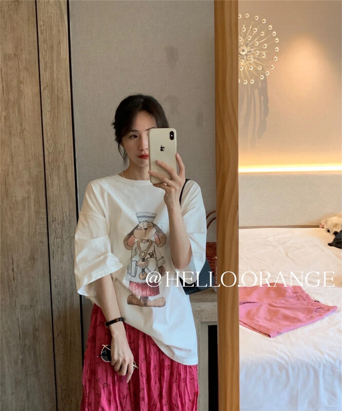 [orange] Korean design short sleeved T-shirt + high waist floral skirt set 8845# HBx