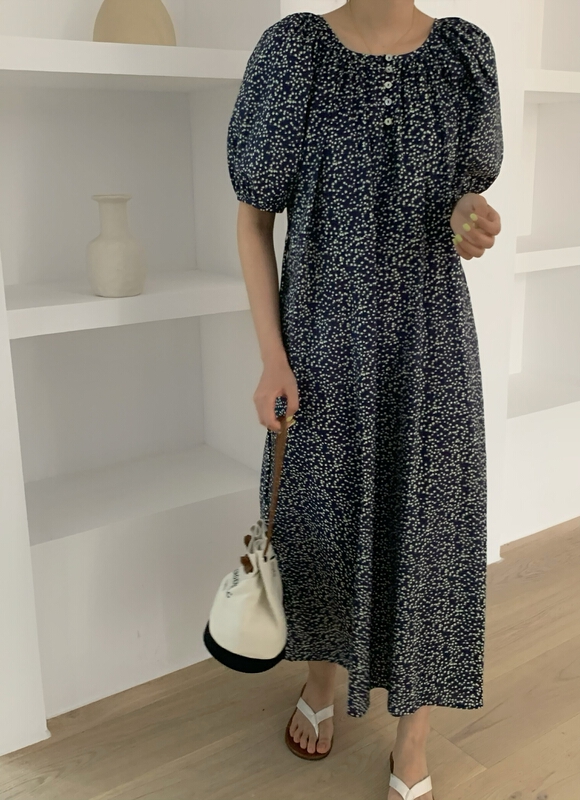 [wanna] Korean floral V-neck bubble sleeve dress 89115# cqw