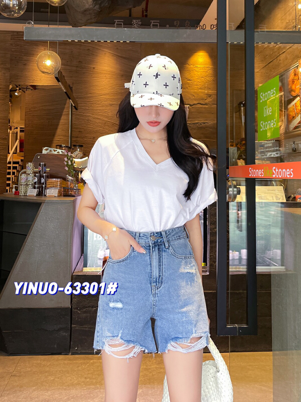 [Yinuo Yinuo denim] Korean versatile hole breaking denim shorts 63301# ZSY
