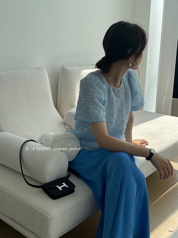New in early summer! [AF] Korean pleated fabric round neck blouse 90136# XYY