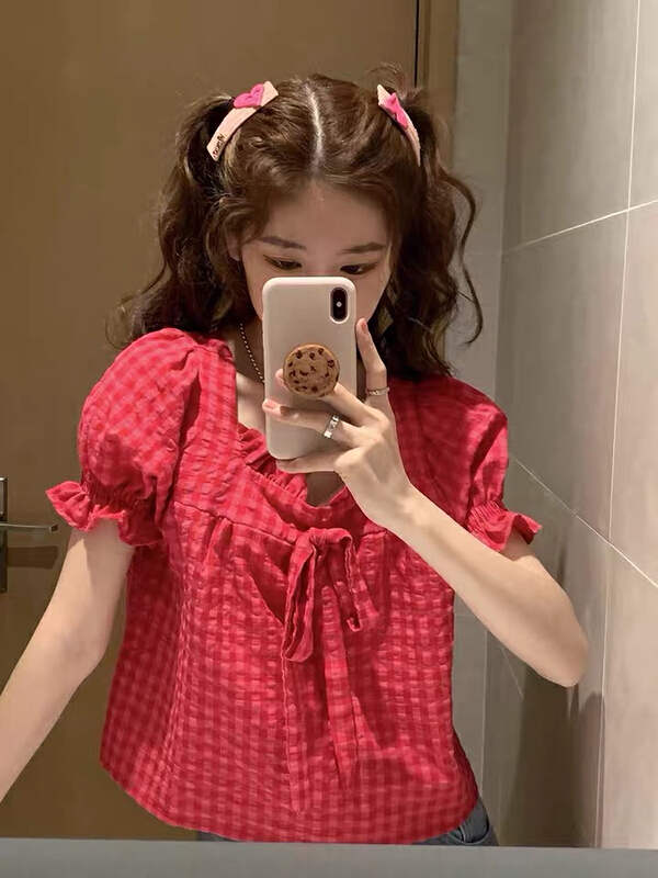 [L.L studio] Plaid bubble sleeve bow small shirt 7685# PCZ