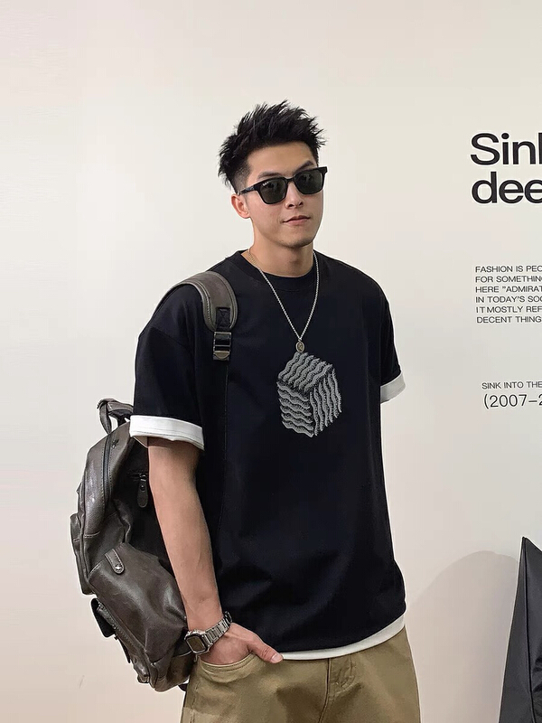 New in early summer! [TPY] 320G heavy geometric pattern round neck short sleeve T-shirt 9156# ZZL