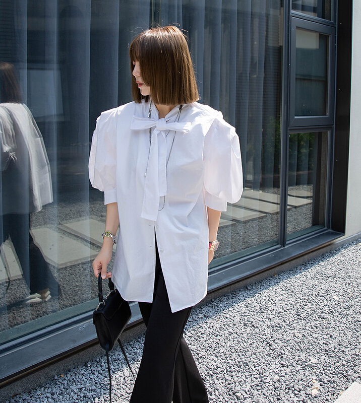 [myallin] lace up fashion bubble sleeve shirt 8027# ozq