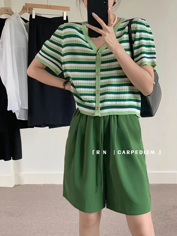 [R n] versatile V-neck stripe hollow loose knit cardigan 80881# ll